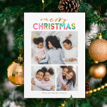Colourful Christmas Three Photo Collage  Holiday Card<br><div class="desc">This fun, bright Christmas holiday photo card features 3 photo templates. Simple, modern typography reads "Merry Christmas, " incorporating faux gold foil as well as a colourful, overlapping paper design. The back of the card contains a matching overlapping paper Christmas trees design, which has a crafted, handmade look. This playful...</div>