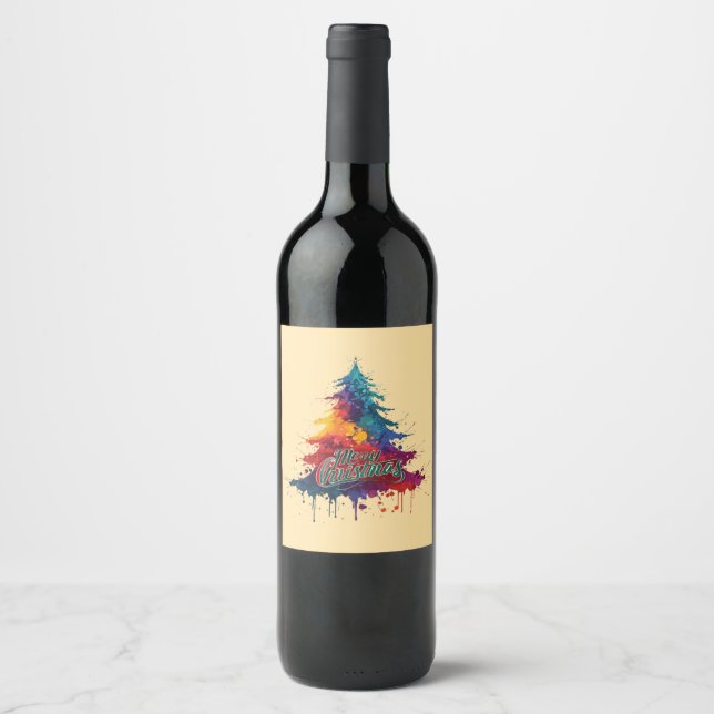 Colourful Christmas Tree Art - Merry Christmas Dec Wine Label (Front)