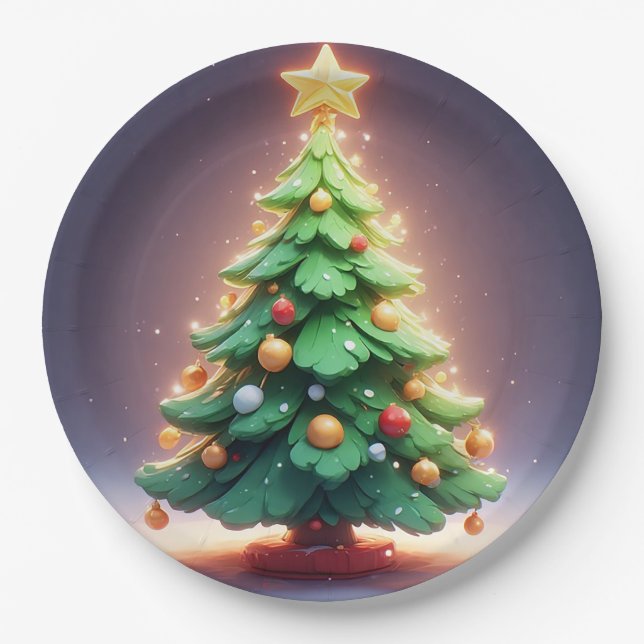 Colourful Christmas Tree Decorated with Lights Paper Plate (Front)