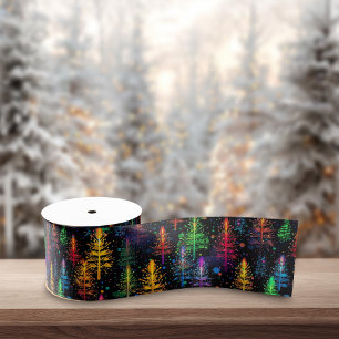 Colourful Christmas Tree Glow In Dark Forest Satin Ribbon
