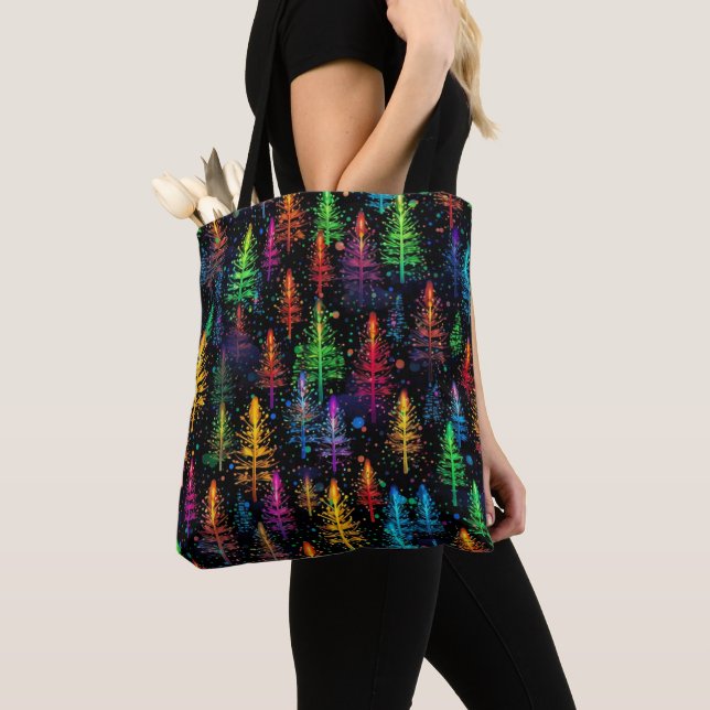 Colourful Christmas Tree Glow In Dark Forest Tote Bag (Close Up)