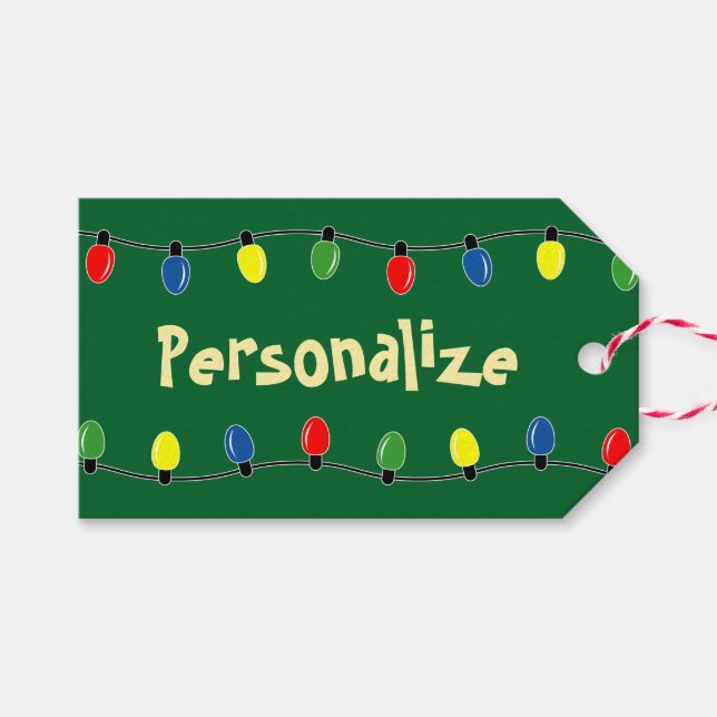 Colourful Christmas tree lights gift tag labels (Front (Horizontal))