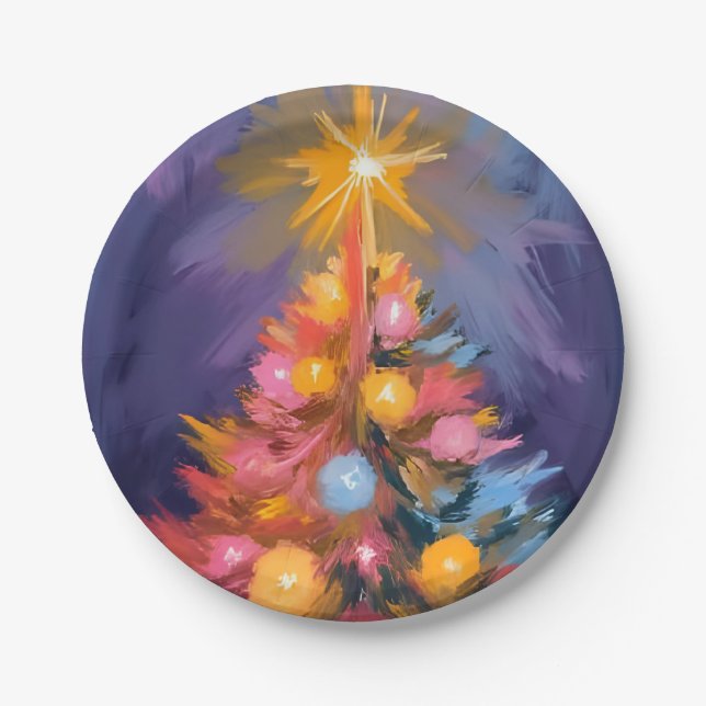 Colourful Christmas Tree Lights Watercolor Paper Plate (Front)