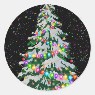 Colourful Christmas Tree on Black Classic Round Sticker