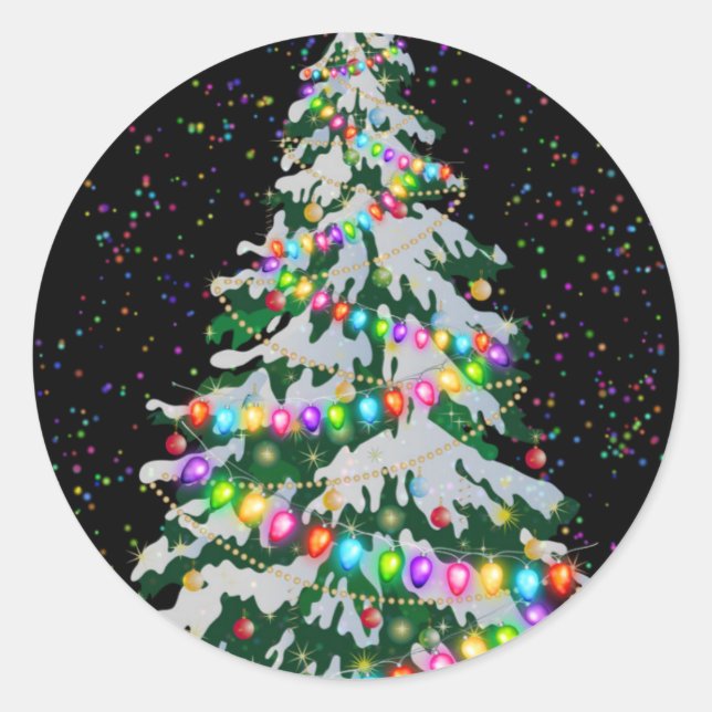 Colourful Christmas Tree on Black  Classic Round Sticker (Front)