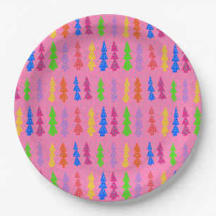 Colourful Christmas Tree Pop Art Pink Paper Plate