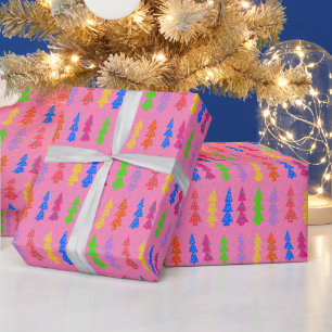 Colourful Christmas Tree Pop Art Pink Wrapping Paper