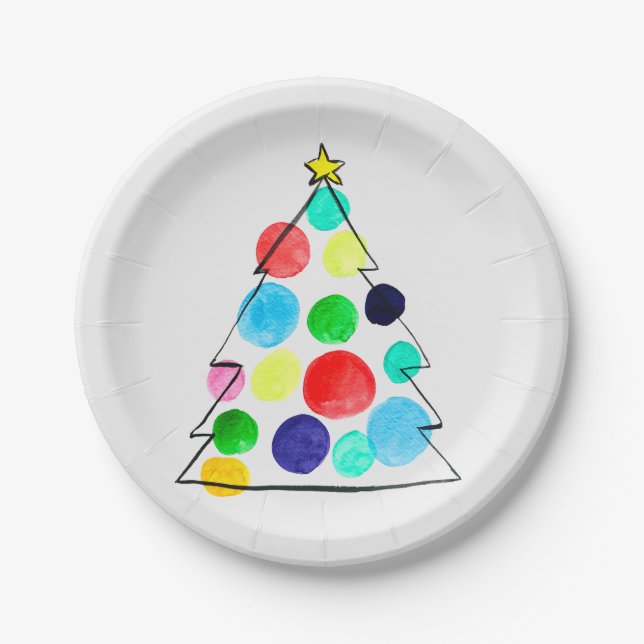 Colourful Christmas tree watercolor Paper Plate (Front)