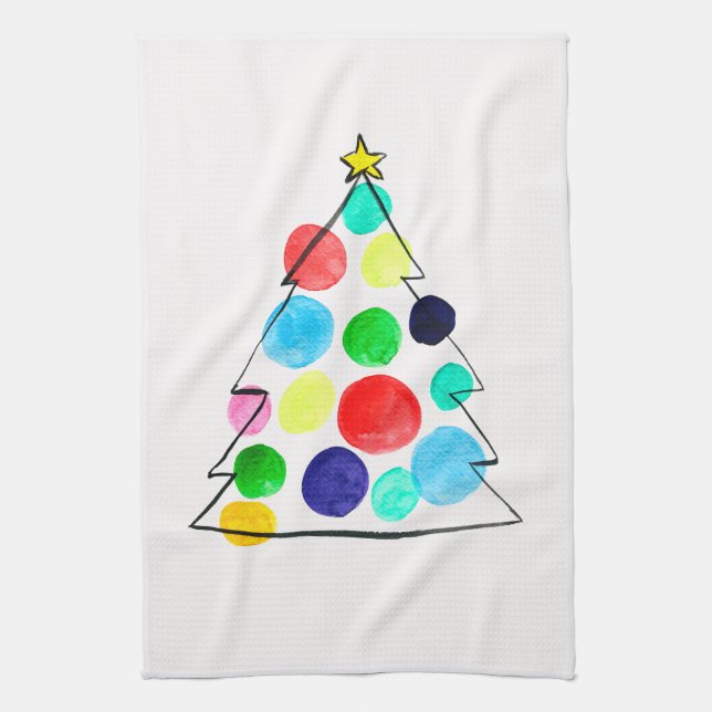 Colourful Christmas tree watercolor Tea Towel (Vertical)