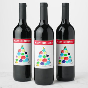 Colourful Christmas tree watercolor Wine Label