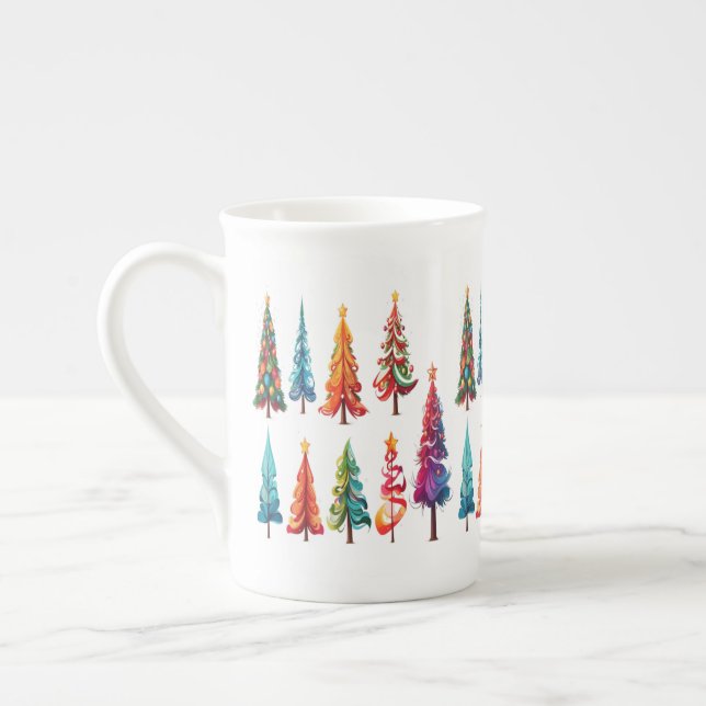 Colourful Christmas Trees Bone China Mug (Left)