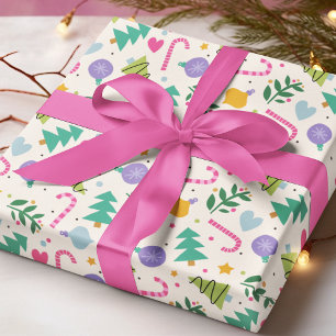 Colourful Christmas Trees Candy Canes Mistletoe Wrapping Paper