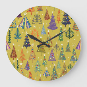 Colourful Christmas Trees: Festive Background. Large Clock