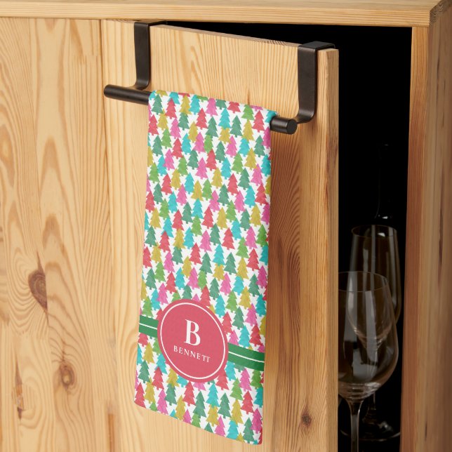 Colourful Christmas Trees Monogram Name | Holiday Tea Towel (Thirds Fold)