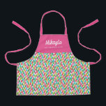 Colourful Christmas Trees Name Apron<br><div class="desc">This cute personalised apron features a pattern of colourful Christmas trees in shades of green, red, lime, magenta pink, golden yellow, and aqua. The solid colour on the top can be customised, if desired. Easy to personalise for a unique gift, perfect for the young chef or baker! For product or...</div>