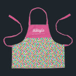 Colourful Christmas Trees Name Apron<br><div class="desc">This cute personalised apron features a pattern of colourful Christmas trees in shades of green, red, lime, magenta pink, golden yellow, and aqua. The solid colour on the top can be customised, if desired. Easy to personalise for a unique gift, perfect for the young chef or baker! For product or...</div>
