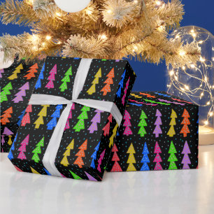 Colourful Christmas Trees on Black Wrapping Paper