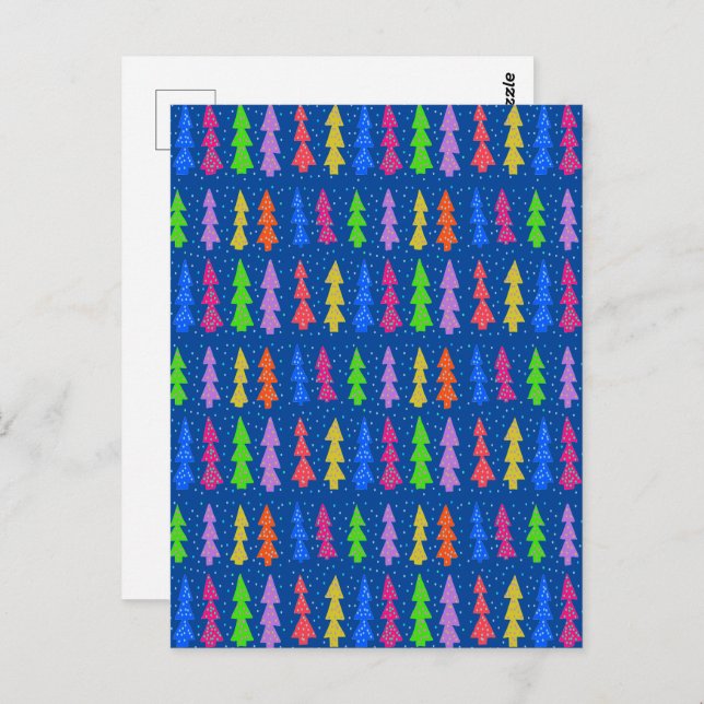 Colourful Christmas Trees on Blue Postcard (Front/Back)