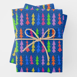 Colourful Christmas Trees on Blue Wrapping Paper Sheet