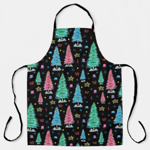 Colourful Christmas trees on Christmas night illus Apron