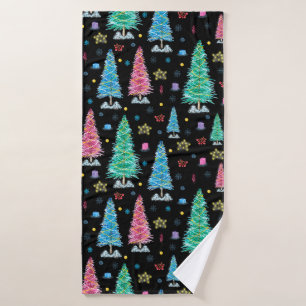 Colourful Christmas trees on Christmas night illus Bath Towel