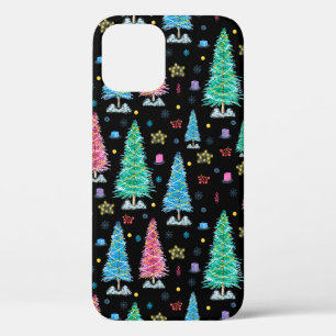 Colourful Christmas trees on Christmas night illus iPhone 12 Case