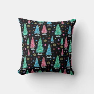 Colourful Christmas trees on Christmas night illus Cushion