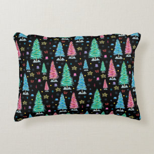 Colourful Christmas trees on Christmas night illus Decorative Cushion