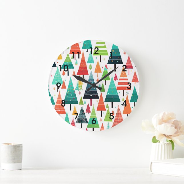 Colourful Christmas Trees Pattern Large Clock (Home)