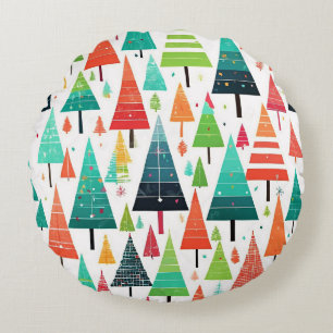Colourful Christmas Trees Pattern Round Cushion