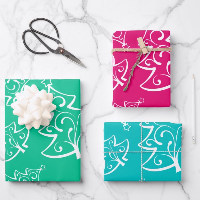 Colourful Christmas Trees Patterns Wrapping Paper Sheet (Front)
