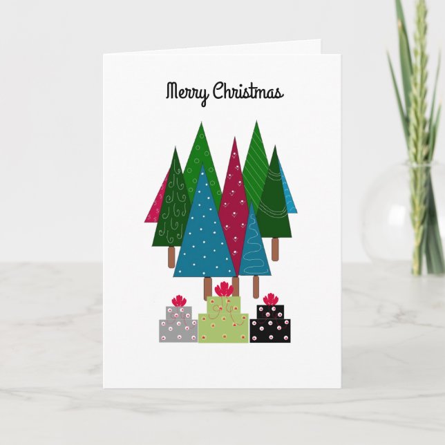 Colourful Christmas Trees With Packages Holiday Card (Front)