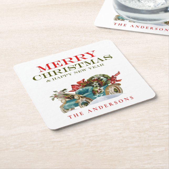 Colourful Christmas Vehicle Merry Christmas Party Square Paper Coaster (Angled)