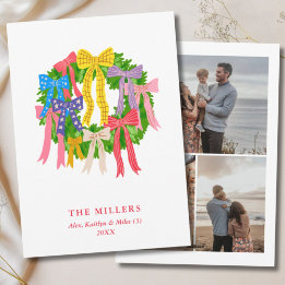 Colourful Christmas Wreath Fun Bows 3 Photo Family Holiday Card