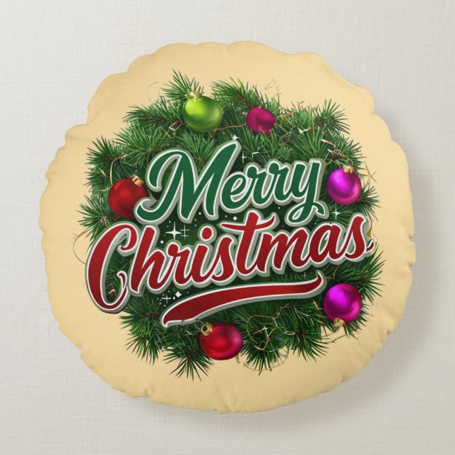 Colourful Christmas Wreath with Merry Greeting Round Cushion (Front)