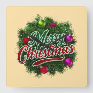 Colourful Christmas Wreath with Merry Greeting Square Wall Clock