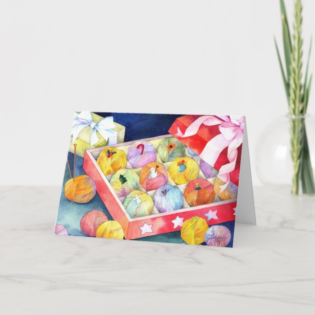 Colourful Christmas Yarn Ball Gift Box Holiday Card (Front)