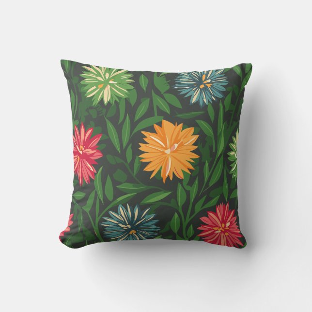 Colourful Chrysanthemums and Green Foliage Pattern Cushion (Front)