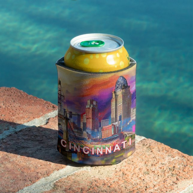 Colourful Cincinnati Skyline Abstract Art Can Cooler (In Situ Pool)