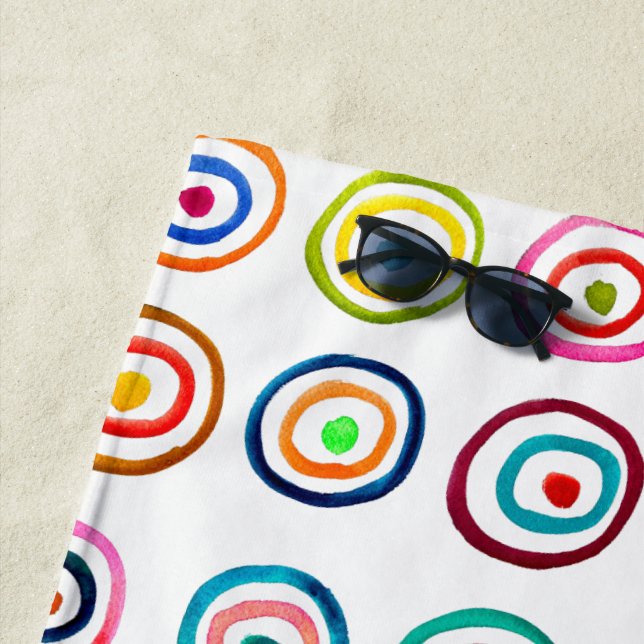 Colourful circle rainbow watercolor beach towel (In Situ)