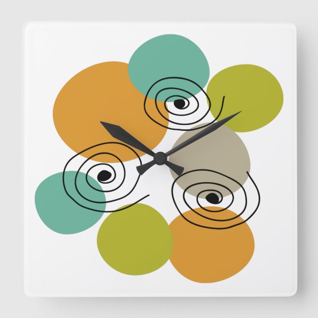 Colourful Circles And Spirals Mid Century Modern Square Wall Clock (Front)