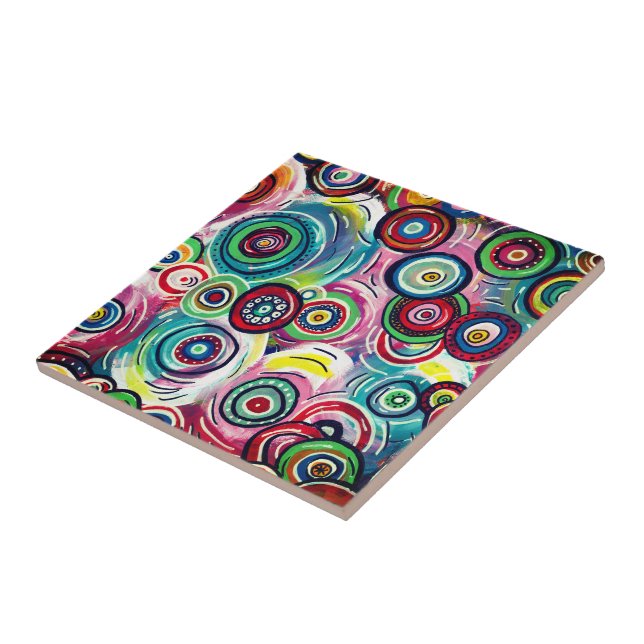 Colourful Circles and Swirls Original Abstract Art Tile (Side)