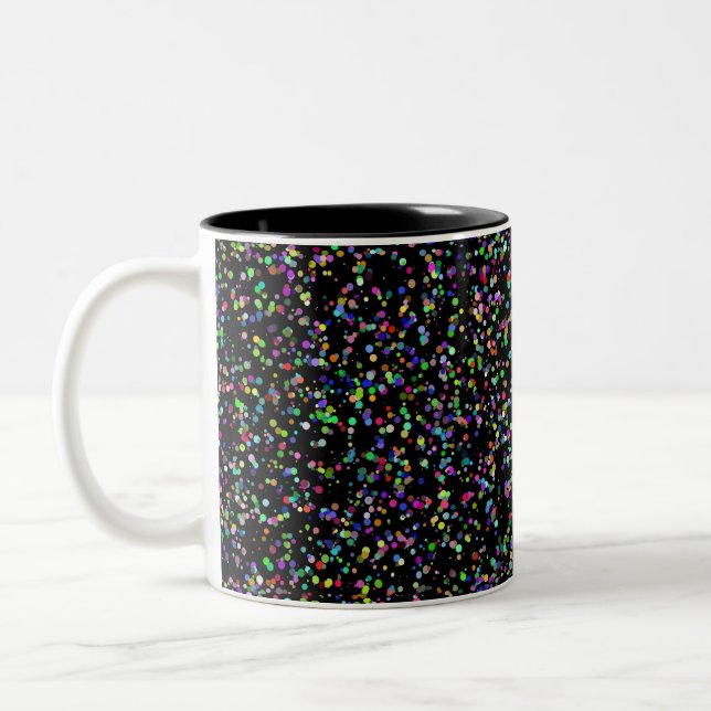 Colourful circles bubbles on black unique pattern Two-Tone coffee mug (Left)