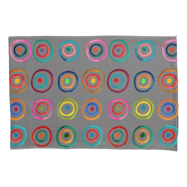 Colourful circles grey simple rainbow Scandi Pillowcase (Front-Left)