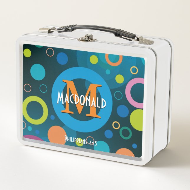 Colourful Circles Spots Rings Personalised BLUE Metal Lunch Box (Front)