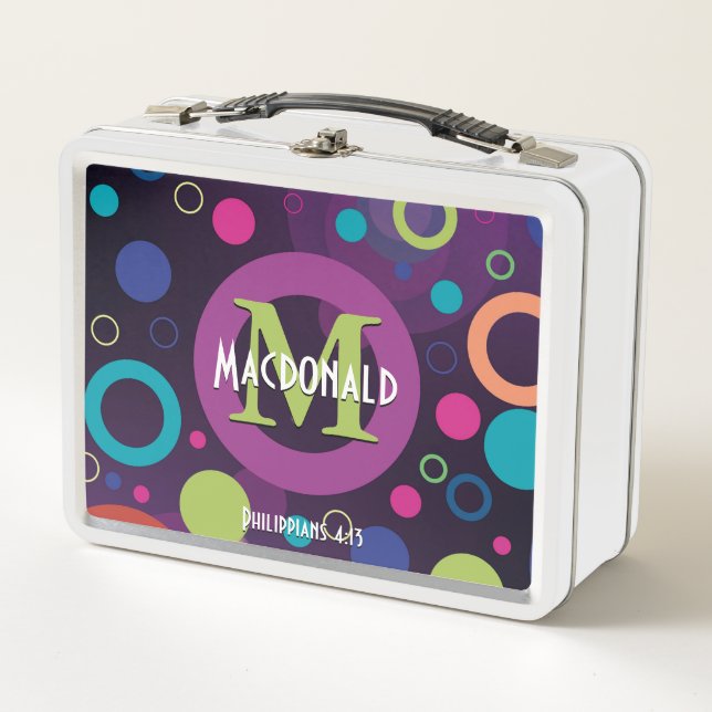 Colourful Circles Spots Rings Personalised PURPLE Metal Lunch Box (Front)