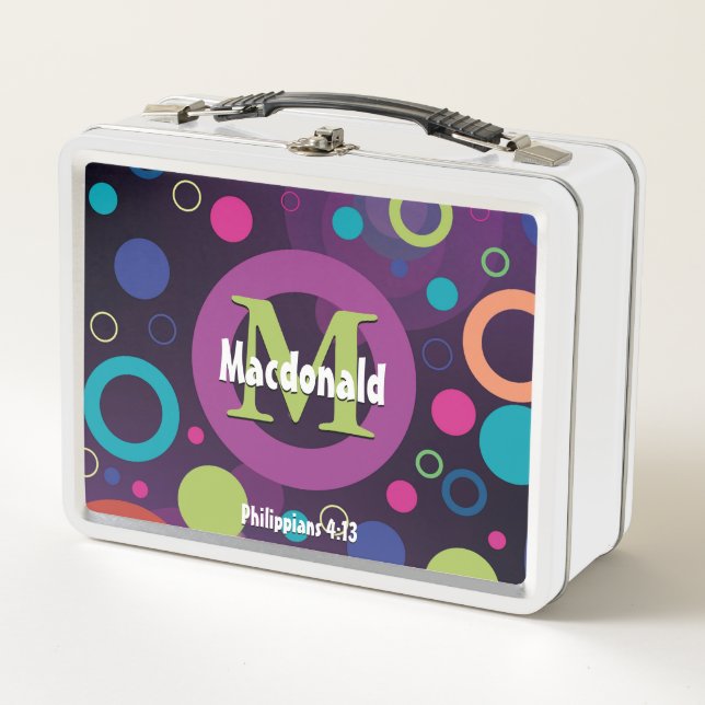 Colourful Circles Spots Rings Personalised PURPLE Metal Lunch Box (Front)