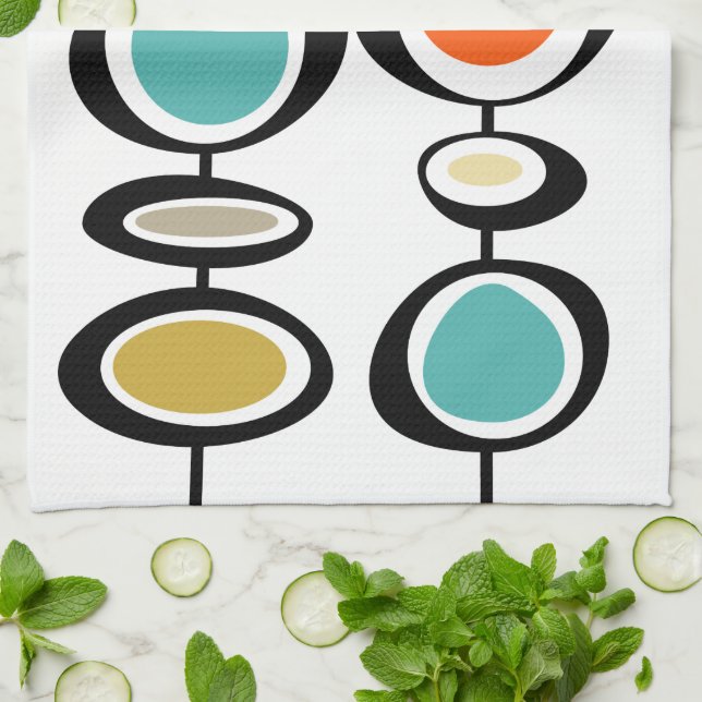 Colourful Circles Turquoise Orange Mid-Century Tea Towel (Folded)