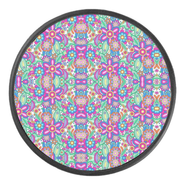 Colourful circular floral pattern with symmetrical hockey puck (Front)