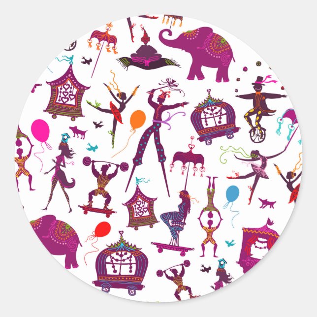 colourful circus characters on white classic round sticker (Front)